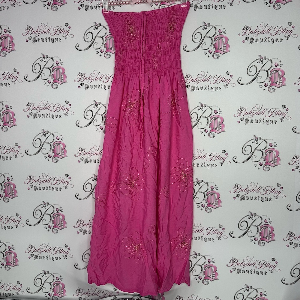Dress long embroidered gold shiny thread floral flowers one size fits all beach